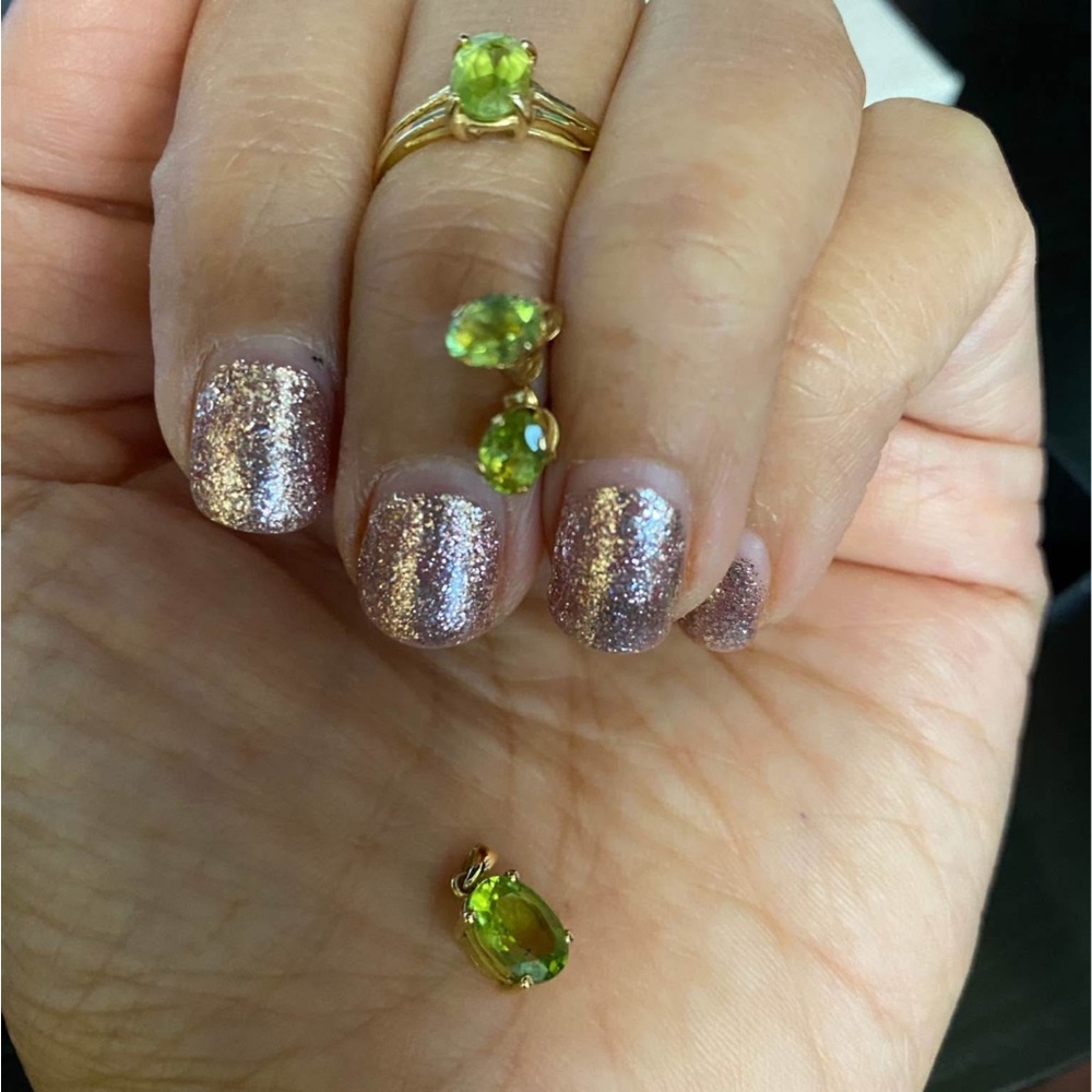 14k solid Gold and Peridot Ring, earrings and pendant Set